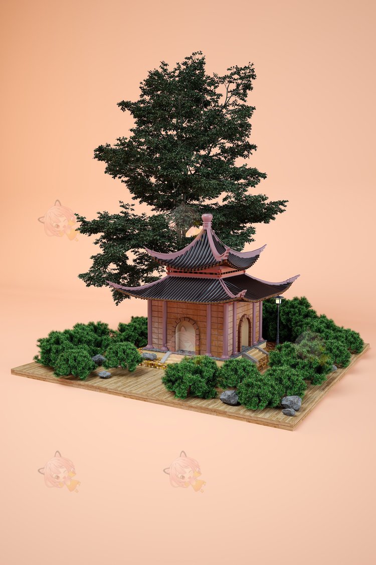 C4D创意绿植环绕古风建筑小场景亭台楼阁寺庙微观场景vray渲染器C4257