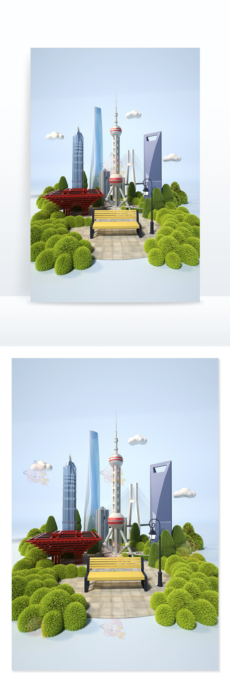 上海地标性建筑主题C4D创意场景卡通低模微观建筑场景OC渲染建模C4259