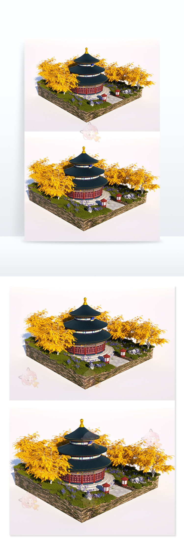 中式风格古风建筑场景树木植物C4D元素OC渲染器建模设计素材工程C4260