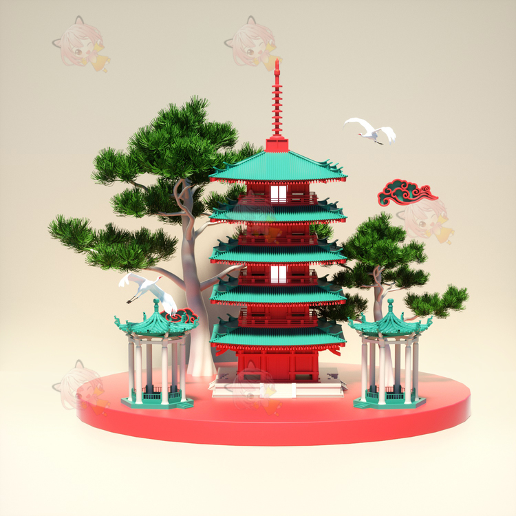 古风建筑园林景观艺术C4D小场景亭台楼阁祥云白鹤树木OC渲染建模C4261