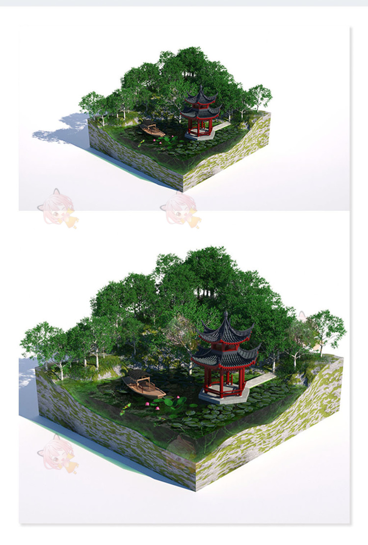 中式凉亭湖边风景木船池塘荷花树木微观小场景OC渲染建模C4D模型C4262
