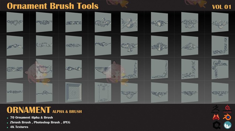 zbrush欧式装饰雕花笔刷alpha贴图C4D纹理ps画笔blender设计素材C4281