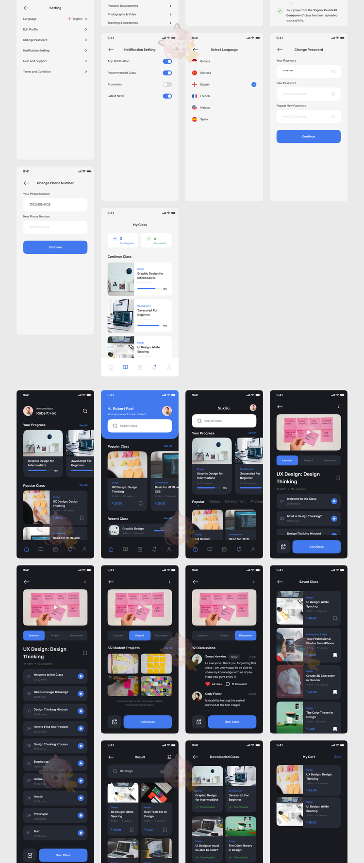 Figma电子课程应用UI套件模板响应式iPhoneX屏幕深色浅色主题简单