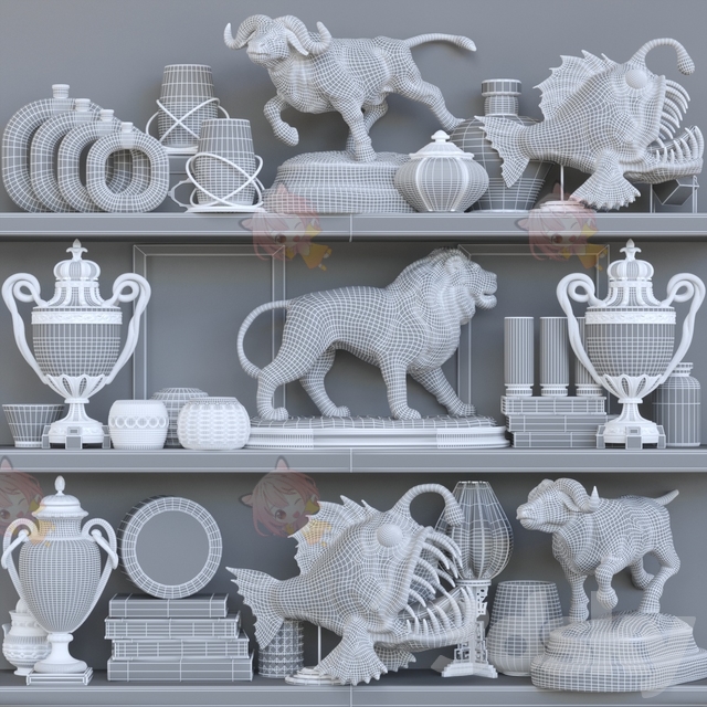 C4D装饰摆件牛雕塑安康鱼狮子奖杯文艺3D模型obj渲染max建模素材C4291