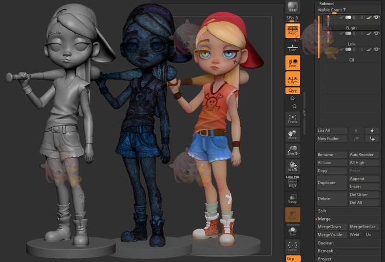 C4D卡通女孩拿棒球棍女生3D模型UE4渲染ztl建模obj设计zbrush素材C4335