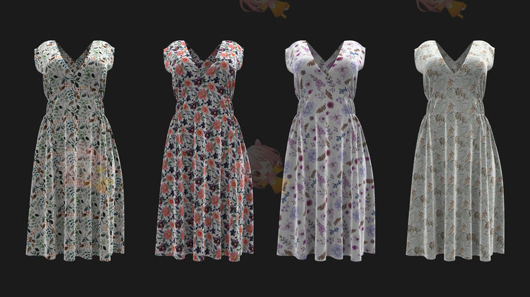 C4D浪漫碎花连衣裙纹理贴图3D模型max渲染fbx建模obj设计maya素材C4349