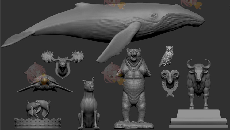 C4D动物基础网格白膜3D模型鲸鱼熊狼牛渲染fbx建模设计素材源文件C4371