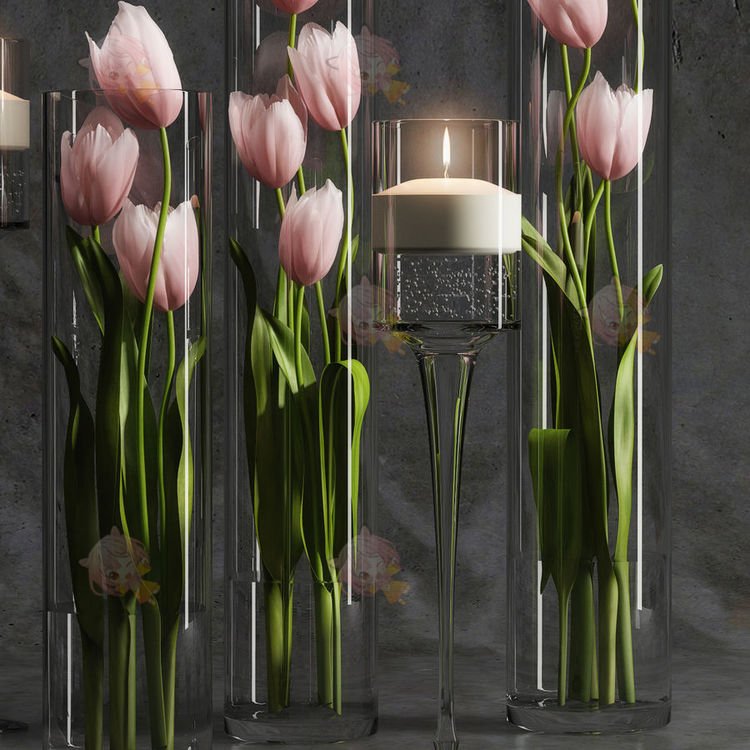 C4D花瓶中的郁金香写实仿真花卉植物max蜡烛3D模型obj渲染fbx建模C4438