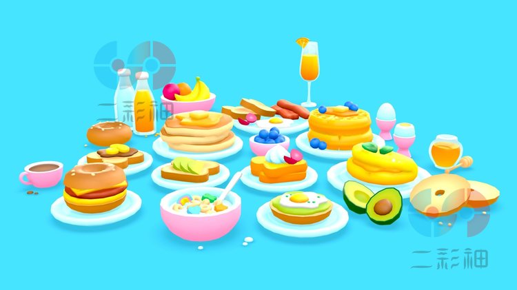 C4D卡通可爱早餐面包饮料UE4水果fbx煎蛋obj三明治maya模型3d建模C4442