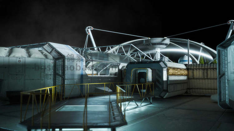 外星月球栖息地殖民基地火星前哨科幻建筑穹顶筒仓实验室3D模型建模渲染K66