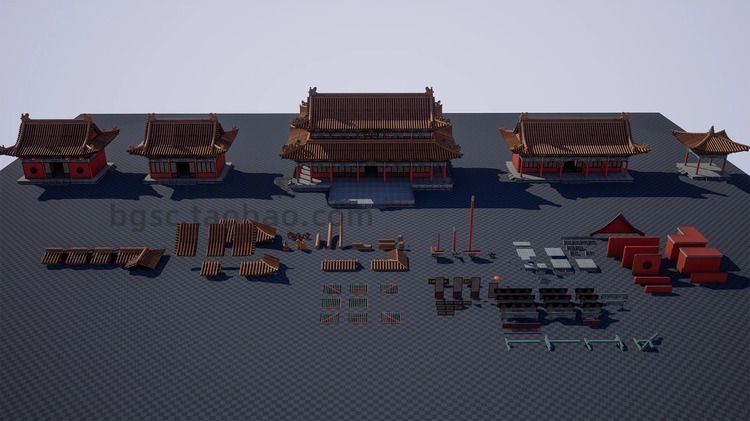 UE4中国风古韵模块化建筑寺庙大雄宝殿故宫走廊模型渲染源文件B40