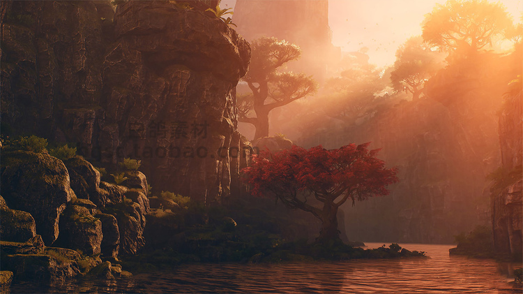 UE4古风寺庙宗门建筑武林门派宗派山门花草树木石头模型环境资源B43
