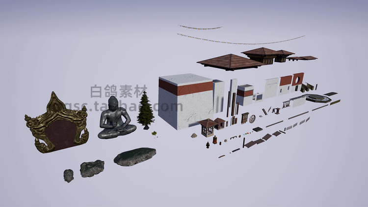 UE4佛教寺院环境场景房屋建筑庭院佛像树木3D设计素材源文件下载B46