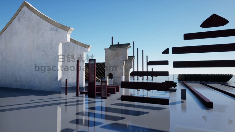 UE4中国风古风寺庙模块化建筑砖墙木门石砖青瓦pbr材质模型建模B48