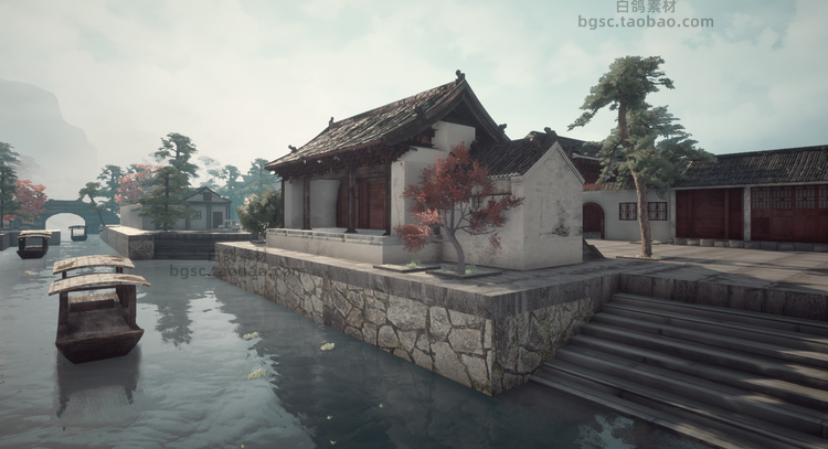 UE4虚幻引擎江南小镇河道船只船坞复古建筑中国风场景模型素材B57