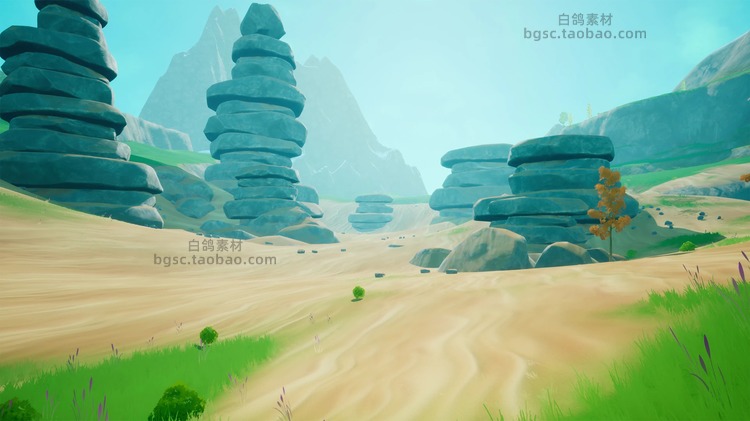 卡通UE4程式化自然景观套件风格化岩石树木河流草原森林山脉模型素材B99