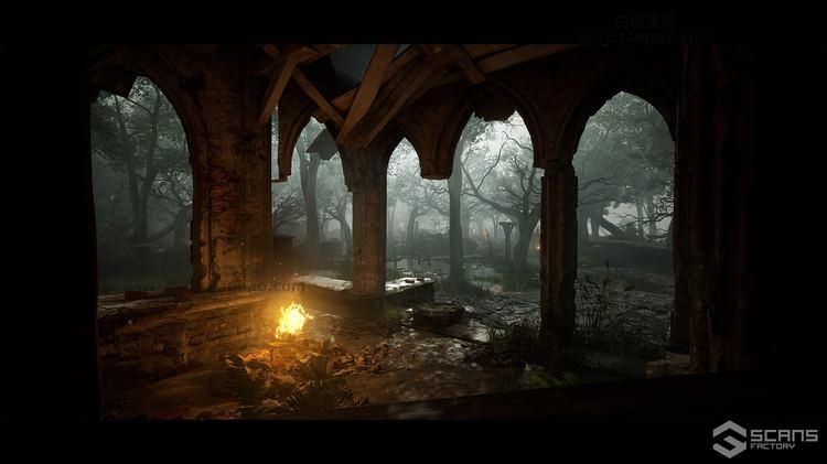UE4中世纪奇幻遗迹黑暗森林环境游戏资产3D模型场景破旧古建筑素材B100