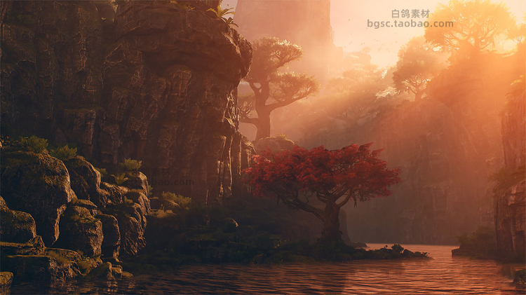 UE4中国风寺庙门派山门宗门建筑大殿植物岩石场景模型素材B106