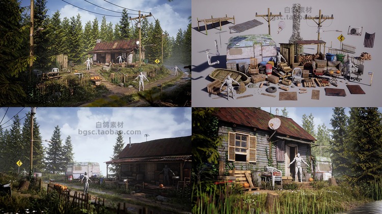 UE4模块化乡村房屋建筑植物花草杂物电线杆木头游戏资产设计素材B113