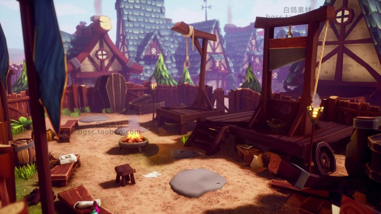 UE4卡通幻想村庄房屋建筑模块化游戏资产道具植物树木设计素材B114