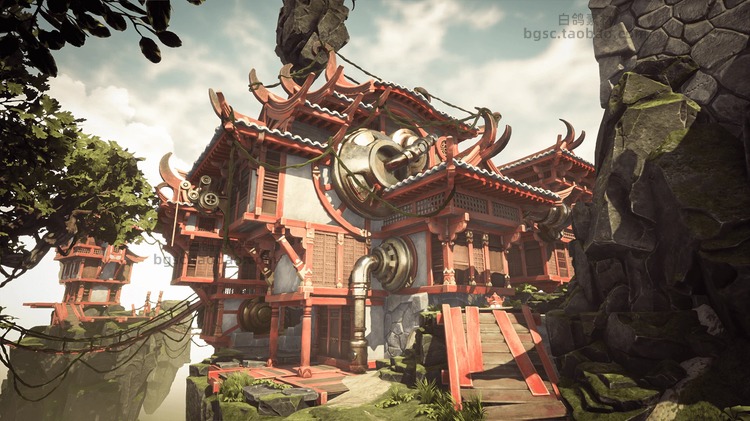 UE4蒸汽朋克小镇中国风机械村庄房屋建筑岩石树木模块化设计素材B117