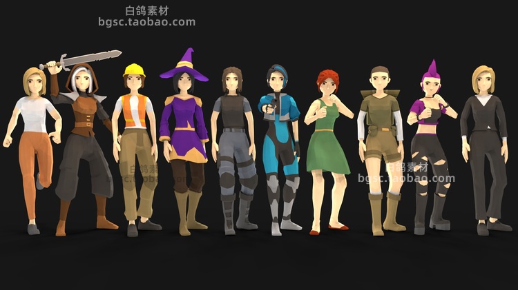 UE4卡通低模女性模块化女生战士obj动画fbx模型gltf建模blend渲染B125