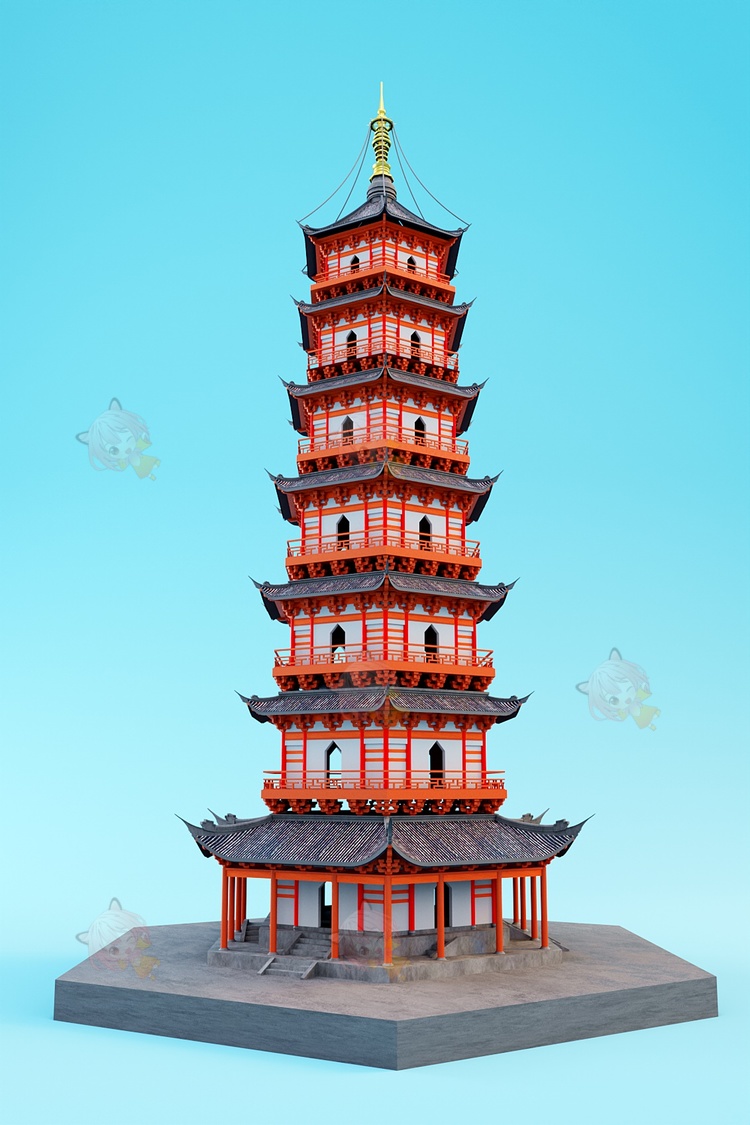 C4D创意杭州雷峰塔地标建筑模型corona渲染建模png免扣透明素材C4529