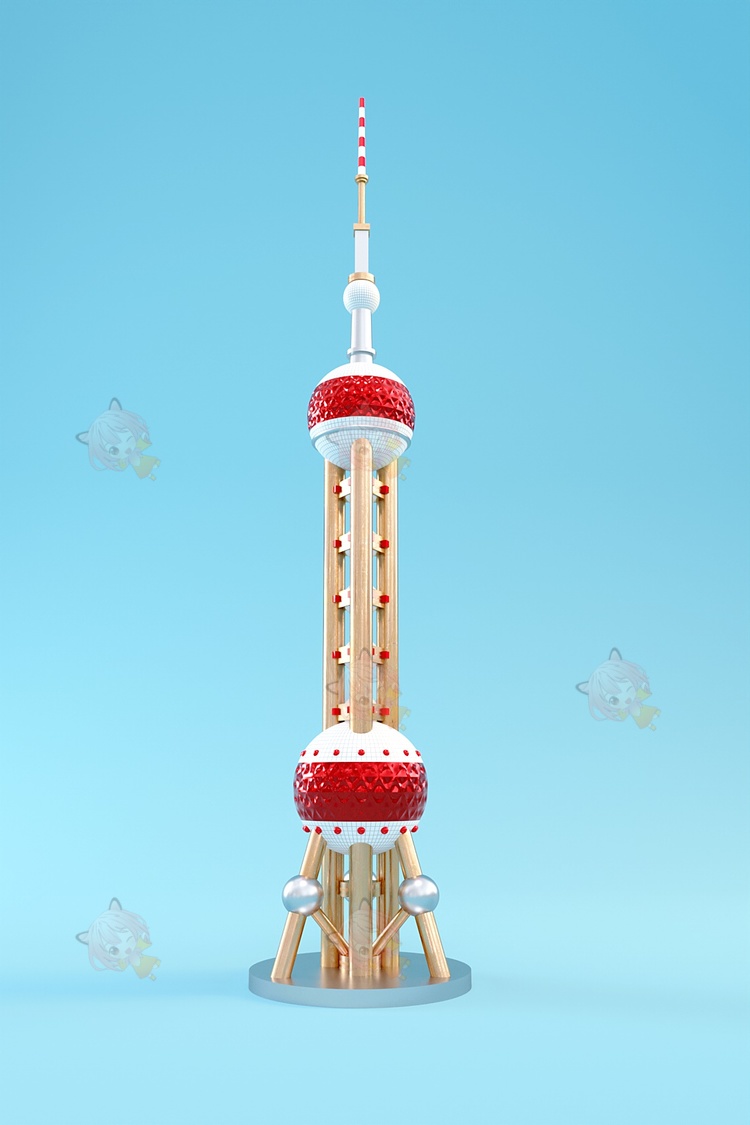 C4D创意卡通东方明珠地标建筑模型corona建模渲染PNG透明设计素材C4530