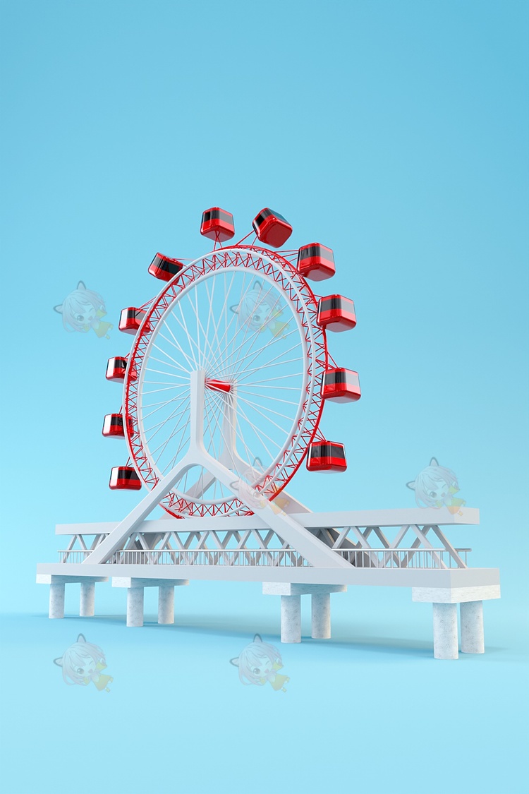 C4D卡通创意天津之眼地标建筑模型摩天轮corona渲染建模png素材C4531