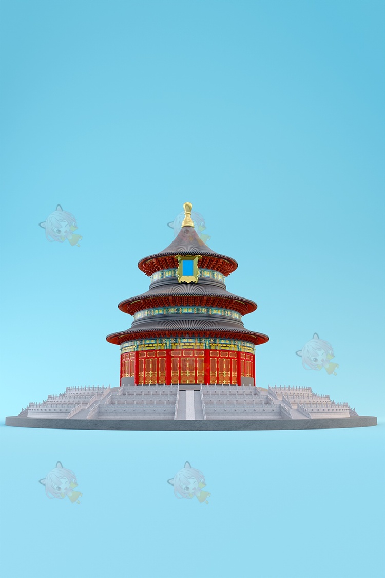 C4D卡通创意世博会中国馆地标建筑模型corona渲染器建模PNG免扣透明元素C4532