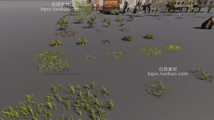 Unity3D中式花园庭院凉亭桥梁建筑模型套件荷花植物装饰品素材B199