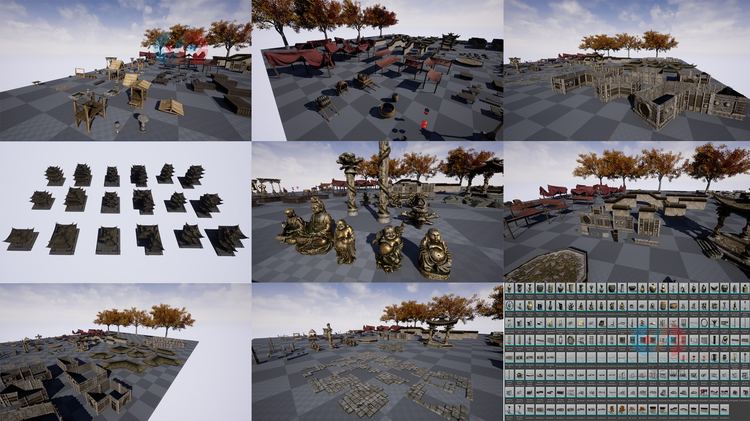 UE4模块化古风建筑中国风寺庙房屋家具家居设施模型场景环境素材C4553