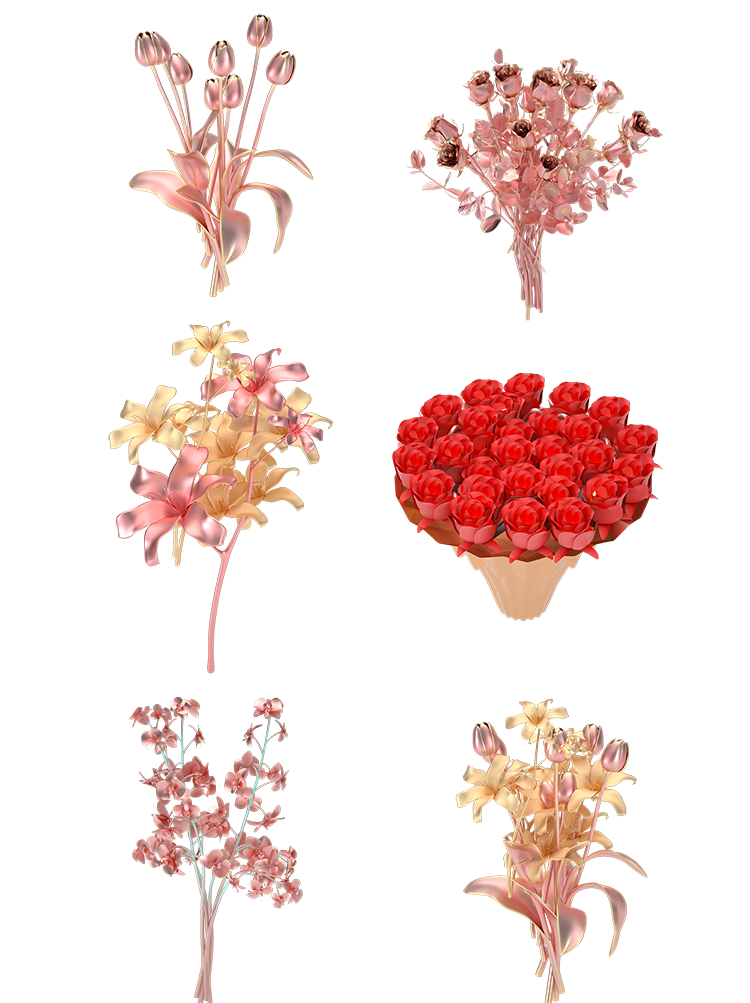 C4D卡通玫瑰花金属质感花朵模型OC渲染建模PNG设计obj白膜素材C4564