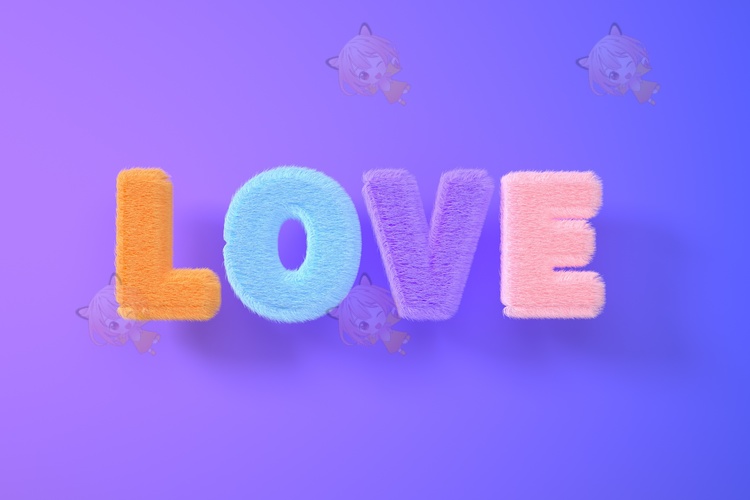紫色创意C4D粉色520情人节LOVE毛绒立体字OC渲染器模型建模3D素材C4577