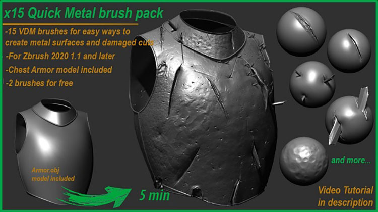 zbrush金属表格切割破损锤击凹凸不平凹陷切口锈迹笔刷设计3D素材C4585