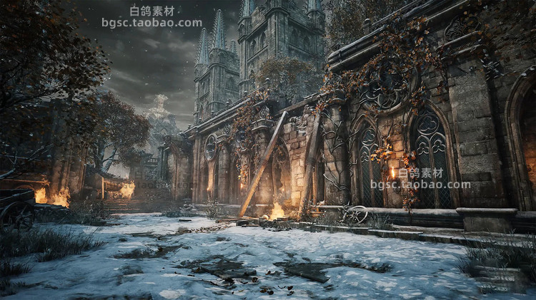 UE4哥特式暗黑模块化建筑坟墓雕像植物树木虚幻5模型游戏设计素材B229