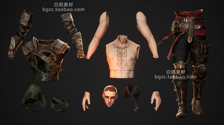 UE4东方刺客角色低聚3D模型游戏武士战士人物模块式部件武器素材B252