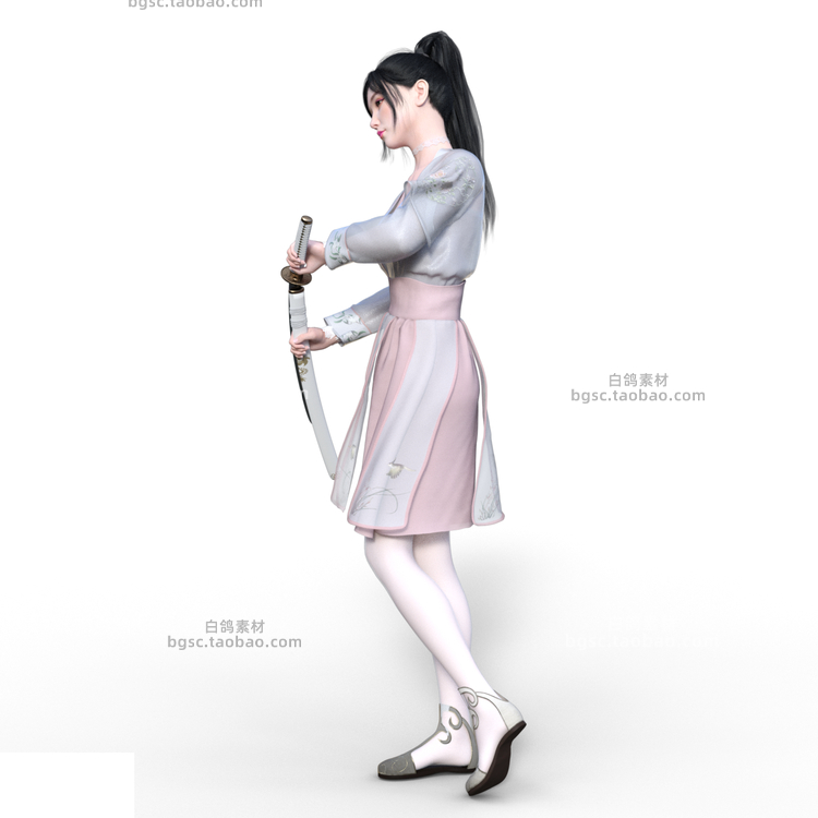 C4D古风美少女持剑舞剑女生maya模型UE4建模fbx角色游戏人物素材B256