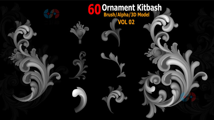 zbrush欧式雕花装饰花纹笔刷C4D模型obj建模fbx渲染alpha纹理贴图C4601