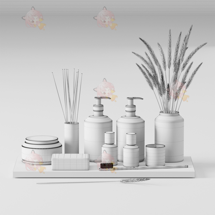 C4D高档卫浴套件套装fbx模型牙刷干草花瓶肥皂沐浴露乳液obj建模C4604