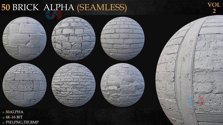 ZBrush砖墙破旧破损老旧砖石墙面maya阿尔法alpha纹理Blender贴图C4625