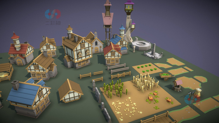 C4D模块化卡通lowpoly城镇房屋建筑城堡obj攻城机械3D模型fbx建模C4646