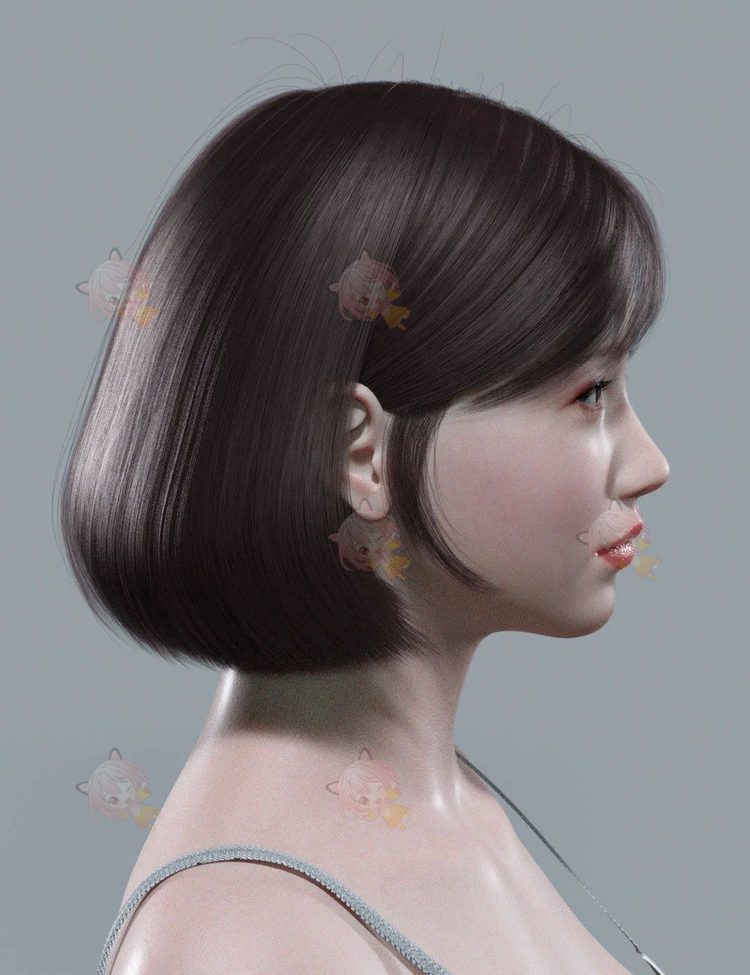 daz3d头发Genesis 8-8.1模型女生女孩斜刘海短发中式学生发型素材C4708
