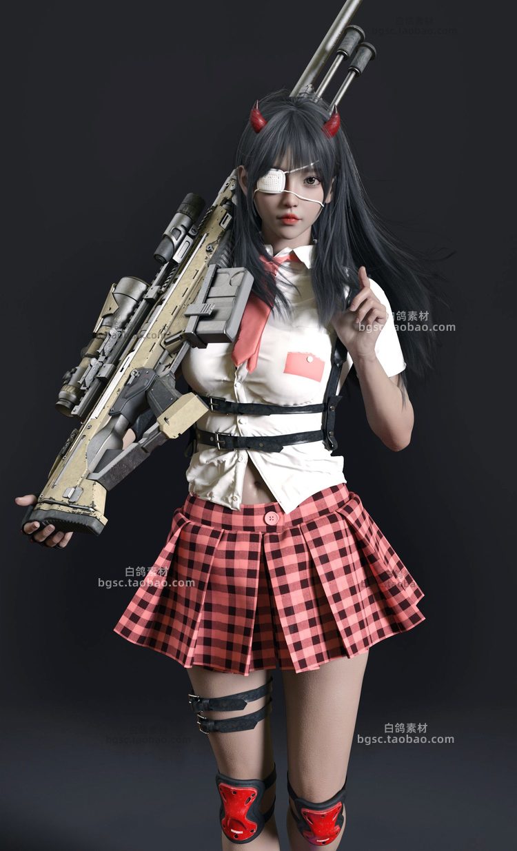 3D max战术JK女生性感战士恶魔持枪模型人物建模渲染设计素材B313
