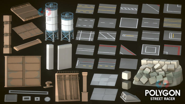 unity3D模块化街道街头赛车角色道具武器环境资产低模卡通模型素材C4750