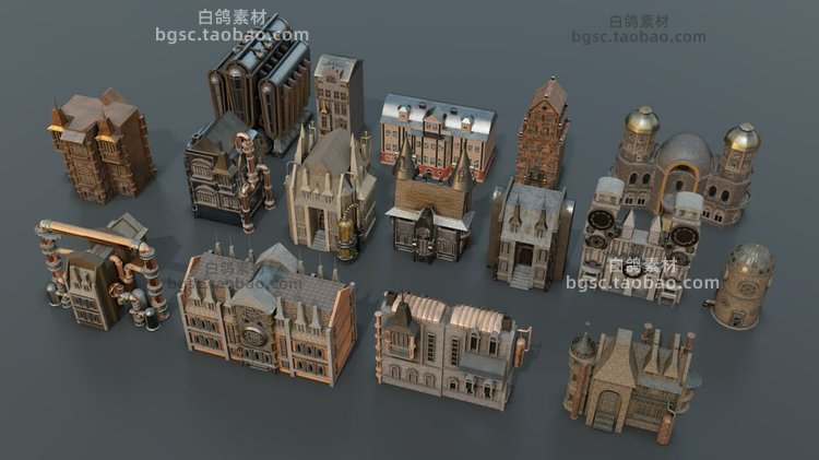 C4D欧式蒸汽朋克zbrush复古建筑blender房屋模型建模渲染素材B351