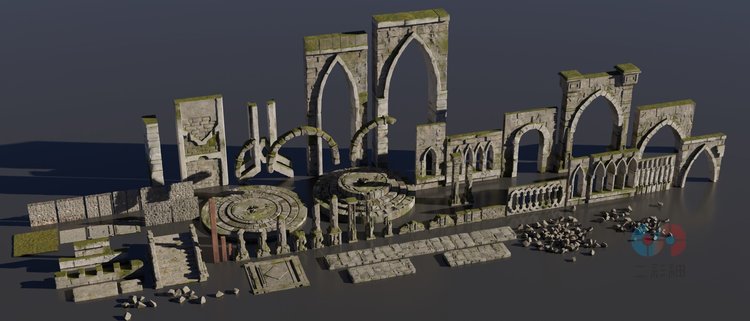 中世纪幻想建筑柱子纪念碑墙壁地板楼梯岩石木梁blender模型建模素材C4785