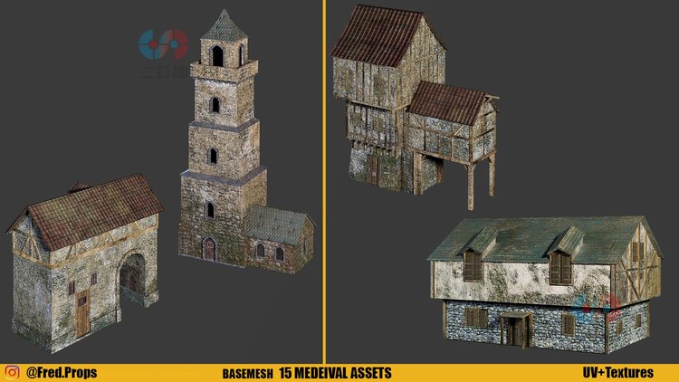 C4D中世纪建筑纹理城堡城墙砖石老旧纹理fbx模型3D建模渲染素材C4787