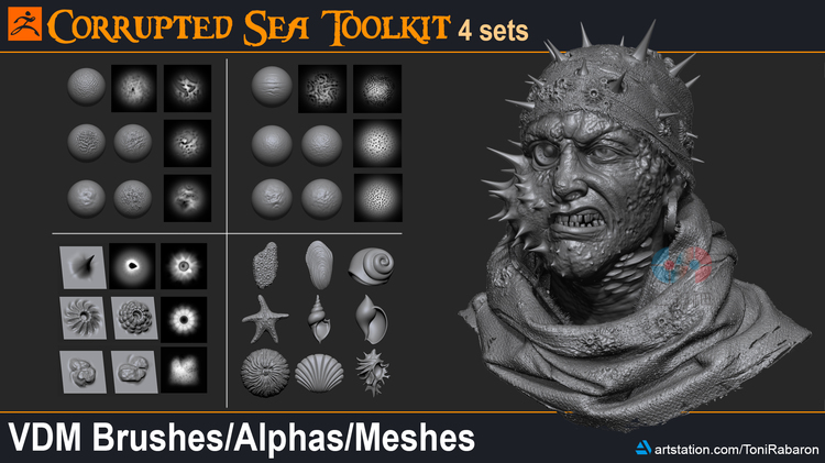 zbrush腐蚀皮肤海洋元素VDM笔刷贝壳海星海螺zb模型建模素材雕刻C4879