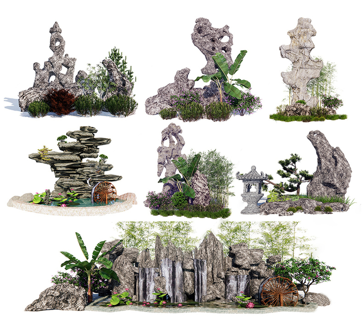 SU石头石块岩石景观石园艺假山碎石置石模型建模渲染草图大师S45